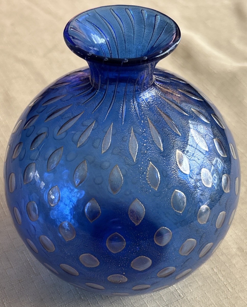 Archimede Seguso, Murano Blue & Gold Vase With Air Bubble, Vintage