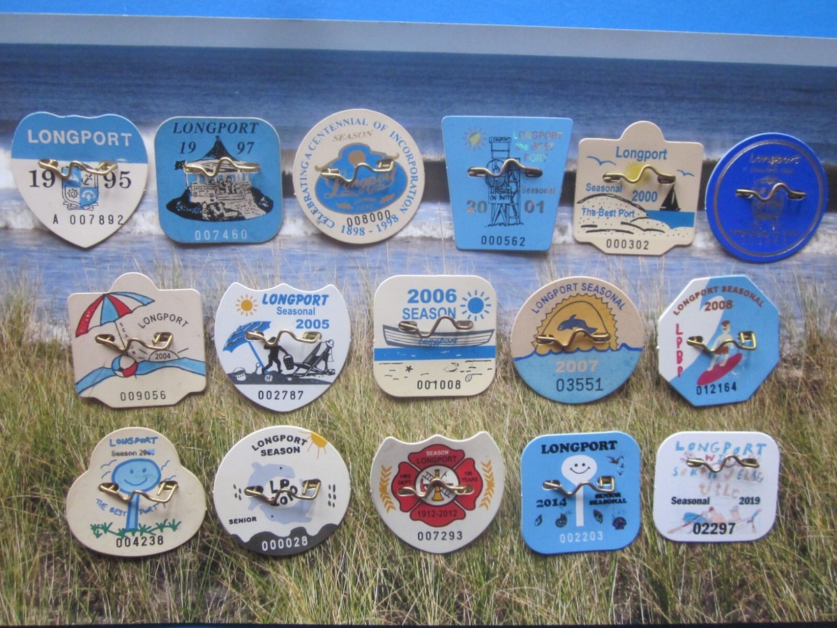 16 YEAR COLLECTION LONGPORT NEW JERSEY SEASONAL BEACH BADGES/TAGS