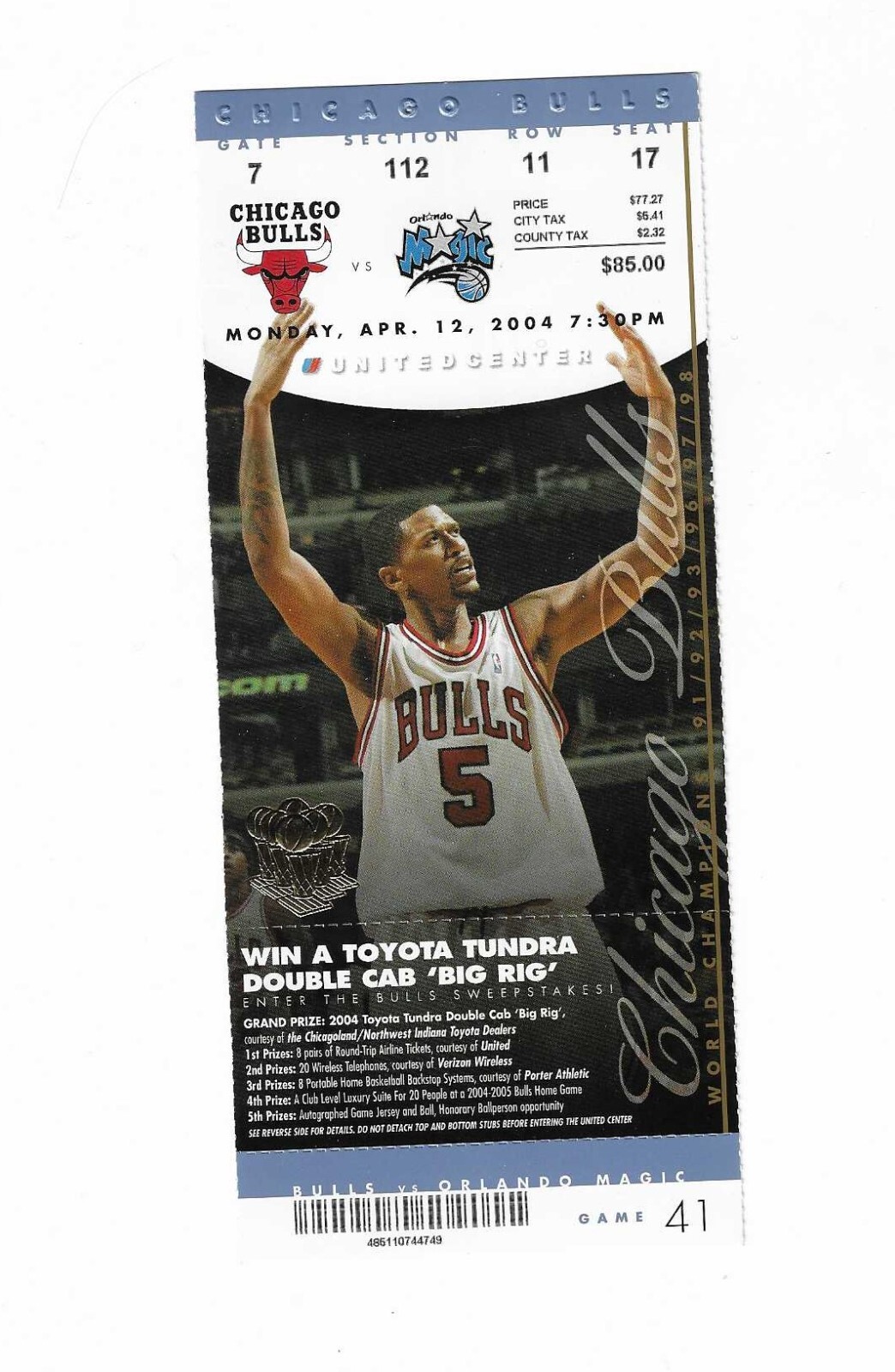 Chicago Bulls vs Orlando Magic Unused Basketball Ticket from 4/12/2004