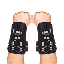 BDSM Leather Black Wrist Cuffs, Restraints Bondage Cuffs Lockable 2 Pieces Set