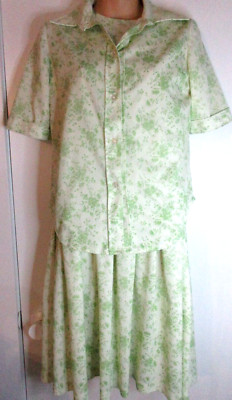 Vintage TWO PC WOMENS DRESS LARGE GREEN FLORAL POLY SET EASY WEAR DROP WAIST