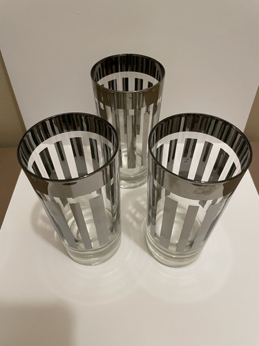 7 Vintage MCM Dorothy Thorpe Tumbler Glasses, Silver Rim/vertical Stripes - Picture 2 of 6