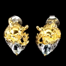 925 Sterling Silver Earrings Oval Blue Aquamarine 6x4mm Dragon Gemstone Jewelry
