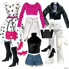 Clothes Fashion Pack for 12 inch Fashion Doll POLKA PRETTY White Pink Black Set