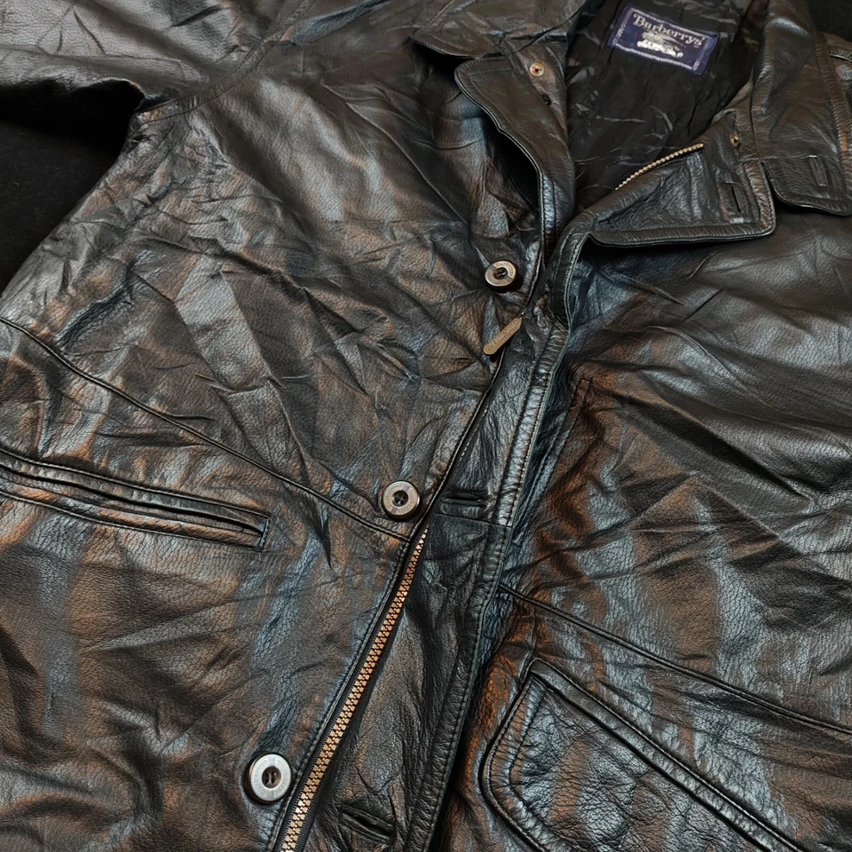 Vintage Burberry's Leather Jacket Mens 48 Black Full Zip Long Coat Outdoors 80s - Image 4 of 4