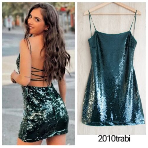 ZARA BOTTLE GREEN SEQUIN LACE-UP BACK MINI DRESS SIZE S - Picture 2 of 20