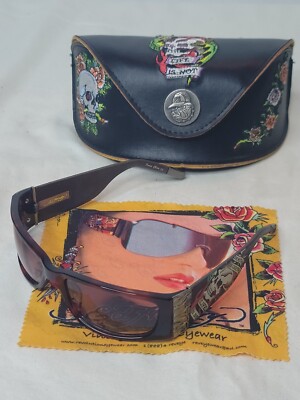 Vintage Ed Hardy EHS-015 Death Is Certain Havana Skull Sunglasses