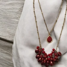 New Direction Double Strand Red Silver Tone Necklace W Tag Statement ( (R7)