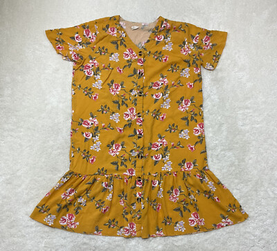 205 Collins Womens Size 2X Yellow Floral Print Button Up Short Sleeve Dress 