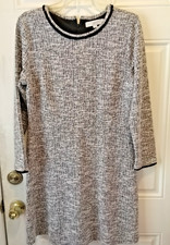 LOFT size 12 Black/White/silver metallic vein LS cotton+ Tweed Dress MON17