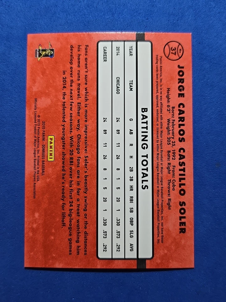 2015 Jorge Soler RATED ROOKIE RC Panini Donruss #37 - Image 2 of 2