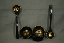 vintage Japanese Lacquerware black gold hand painted spoons little bowls