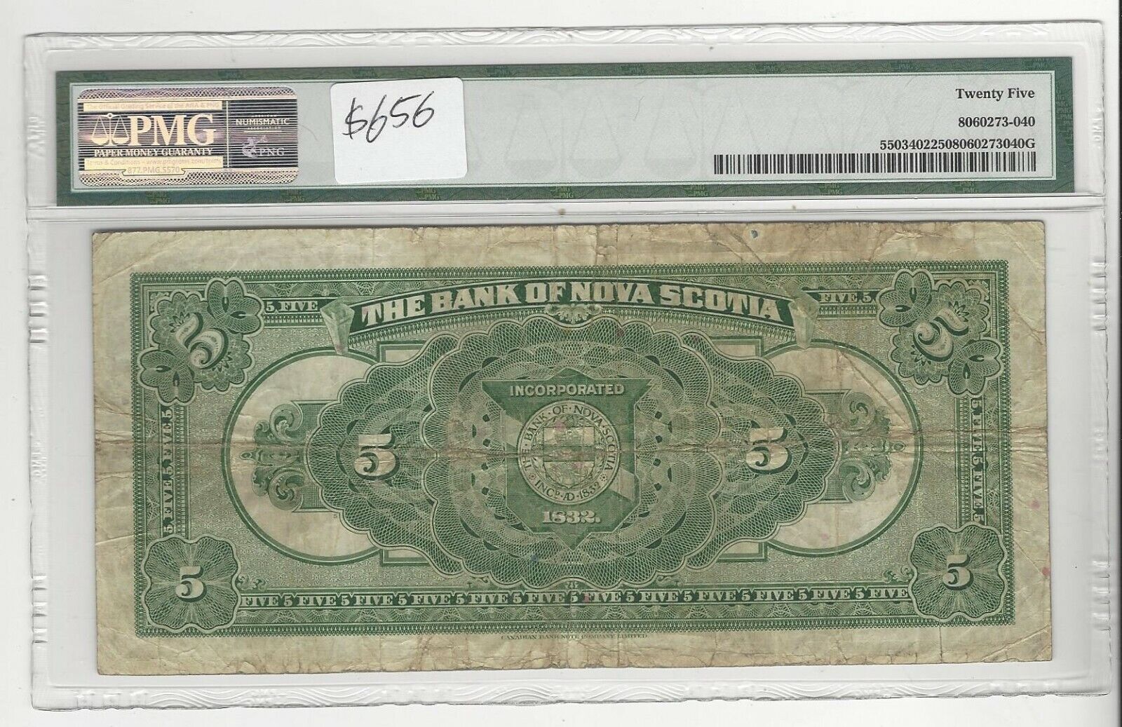 1929  Bank of Nova Scotia $5 Note Moo/Mcl Cat#34-02 SN# 3035168 PMG VF-25 