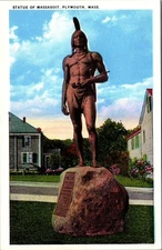 Statue Of Massasoit-Plymouth, Massachusetts-Vintage Linen Postcard