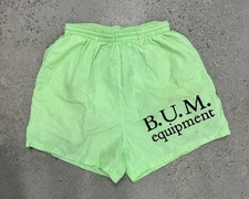 Vintage B.U.M. BUM Equiptment Neon Green Nylon Shorts Sz Large Made In USA