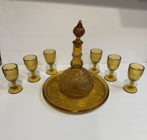 Indiana Glass Tiara Amber Pressed Glass Nine-Piece Goblet Decanter Tray Set 
