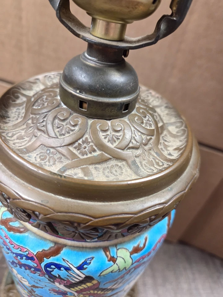 Jarrón de loza esmaltado Longwy como lámpara latón antiguo raro faisán azul brillante Foto 4 de 4