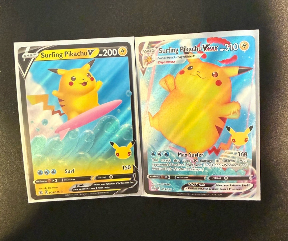 Surfing Pikachu VMAX & Surfing Pikachu V Pokemon 25th Anniversary Celebrations