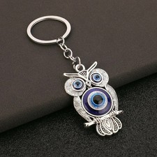 Evil Eye Owl Keychain Silver Blue Nazar Pendant Car Keyring Bag Charm Gift