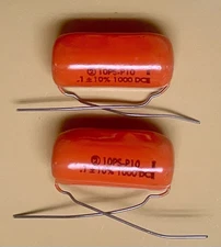 Qty. 2 NOS Sprague Orange Drop 0.1uF 1000V Mylar Capacitors