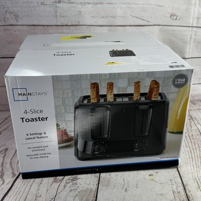 Mainstays 4 Slice Toaster Black 6 Shade Settings Removable Crumb Tray Cord Wrap