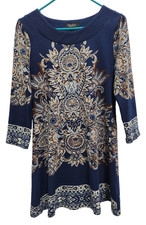Papillon Womens BOHO Sweater Dress Medium Blue Floral Long Sleeve Mini Pullover