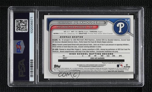 2024 Bowman Draft Blue Wave Refractor Griffin Burkholder PSA 9 MINT Auto 16i3 - Picture 2 of 3