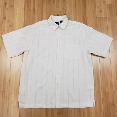 Arrow USA Short Sleeve Button Down Cream Stripe Cotton Bamboo Shirt Dadcore L