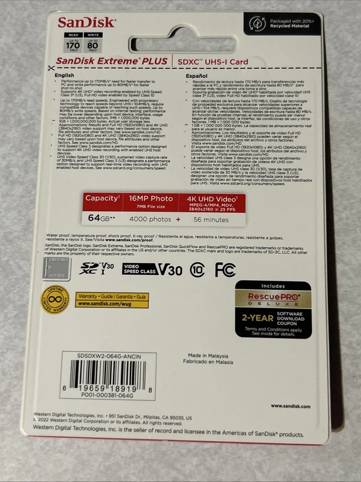 SANDISK Extreme PLUS 64GB SDXC UHS-I CARD (E16002391) Memory Card Storage - Image 2 of 2