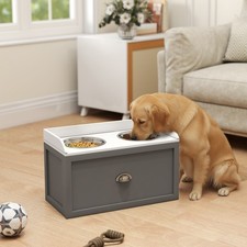 Dog Feeding Station w/ Storage Drawer, 2 Elevated Dog Bowls, Gray