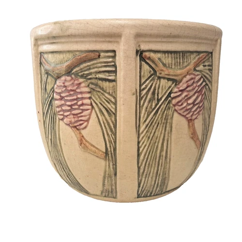Vintage Weller Roma Jardiniere Pine Cone Needle Art Pottery Planter