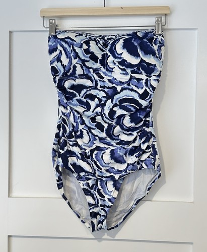 Tommy Bahama Petal Pansy Shirred Bandeau One Piece Swimsuit Size 10 Blue White . - Picture 2 of 7