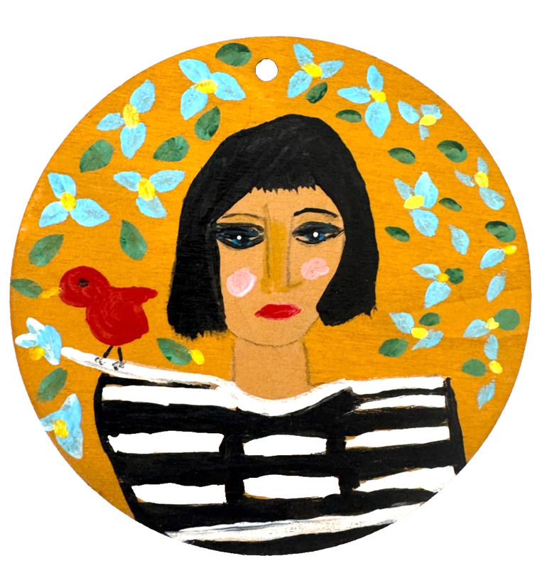 Original Mini Painting, round abstract  mini portrait, lady, bird, acrylic, 3.5"
