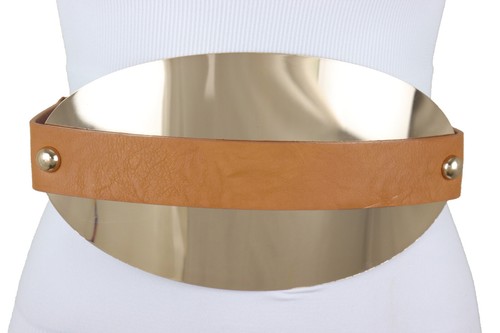 Women Mocha Brown Color Elastic Wide Belt Hip Waist Oval Gold Metal Plate S M - Picture 5 of 12