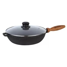9.5" Maysternya Ukraine Cast Iron Fry Pan Skillet w/Wooden Handle and Glass Lid