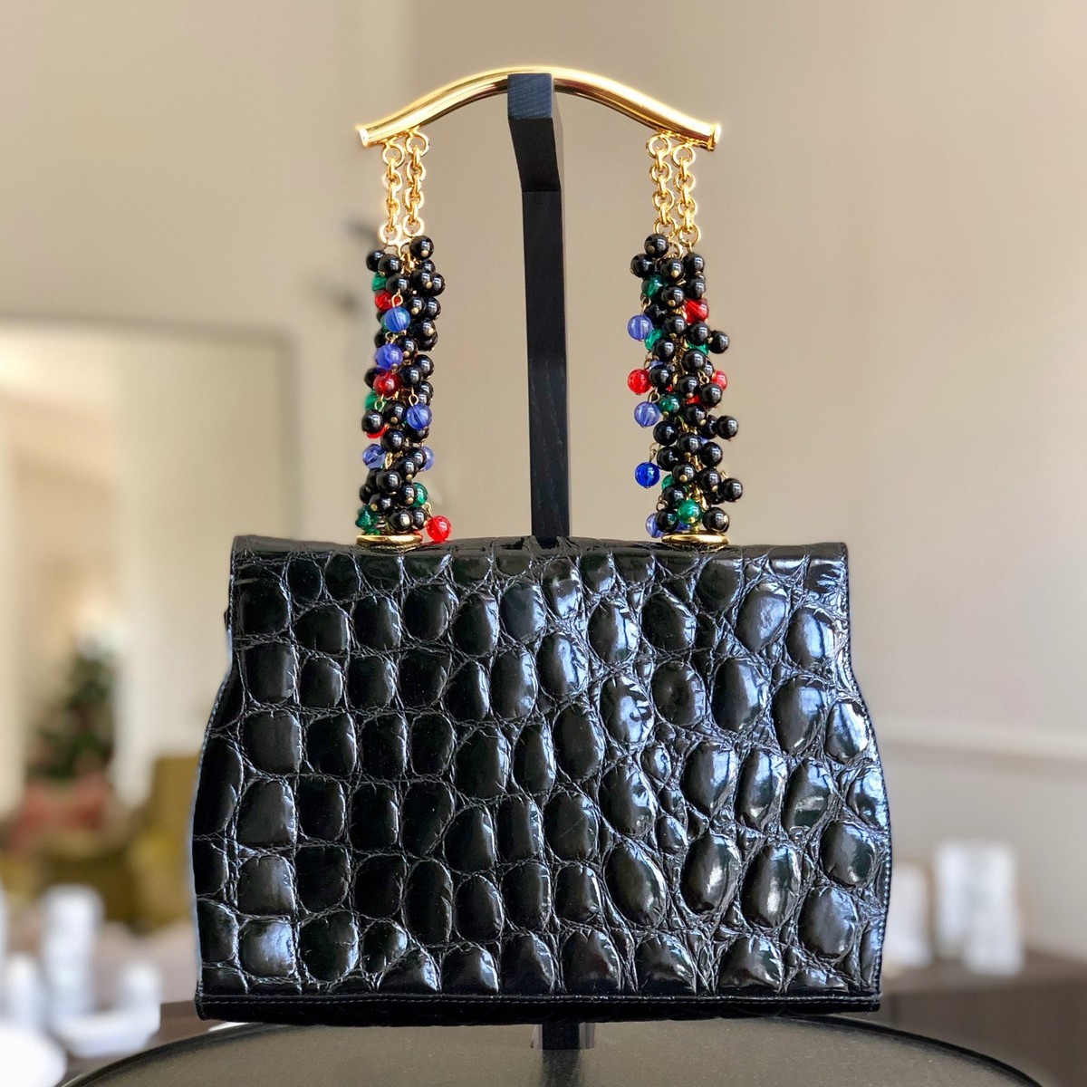 GIANNI VERSACE vintage黒革バニティハンドバッグサンバースト GIANNI VERSACE vintage黒革バニティハンドバッグサンバースト