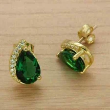 3Ct Pear Cut Lab-Created Emerald Halo Women Stud Earring 14K Yellow Gold Plated