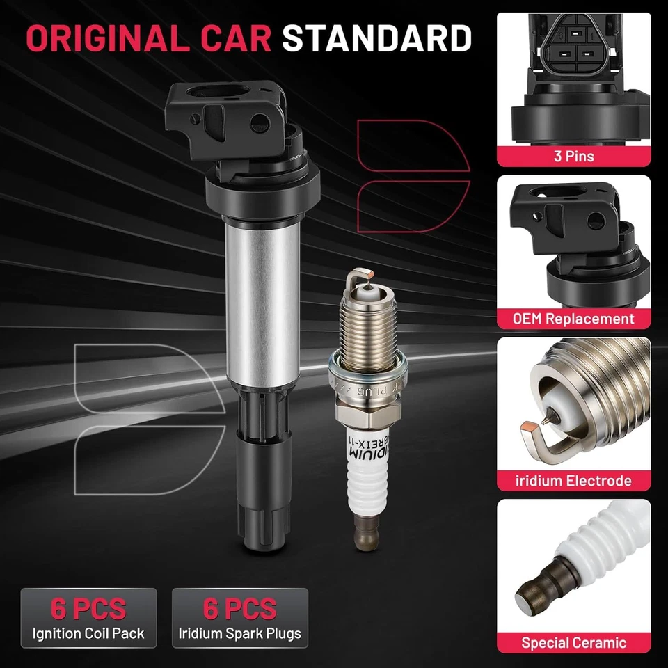 Paquete de 6 bobinas de encendido UF515 y bujía para BMW 330xi 2003-2005 3,0 L l6 Foto 2 de 4