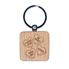 Valentine's Day Conversation Hearts Engraved Wood Square Keychain Tag Charm
