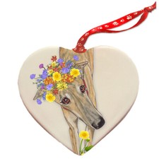 Greyhound Brindle Porcelain Floral Heart Ornament Double-Sided