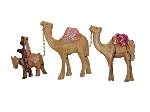 Vintage Set Of 2 Vintage Camel Train Figurines+ 1 Donkey Driver Hand Carved Wood