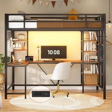 Twin Size Loft Bed Frame with LED Lights,Storage Shelves,Clothing Rail Black