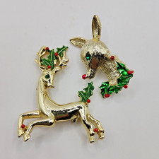 Set of 2 Vintage Signed Gerry's Gold Tone Reindeer Christmas Brooch Pins Minty