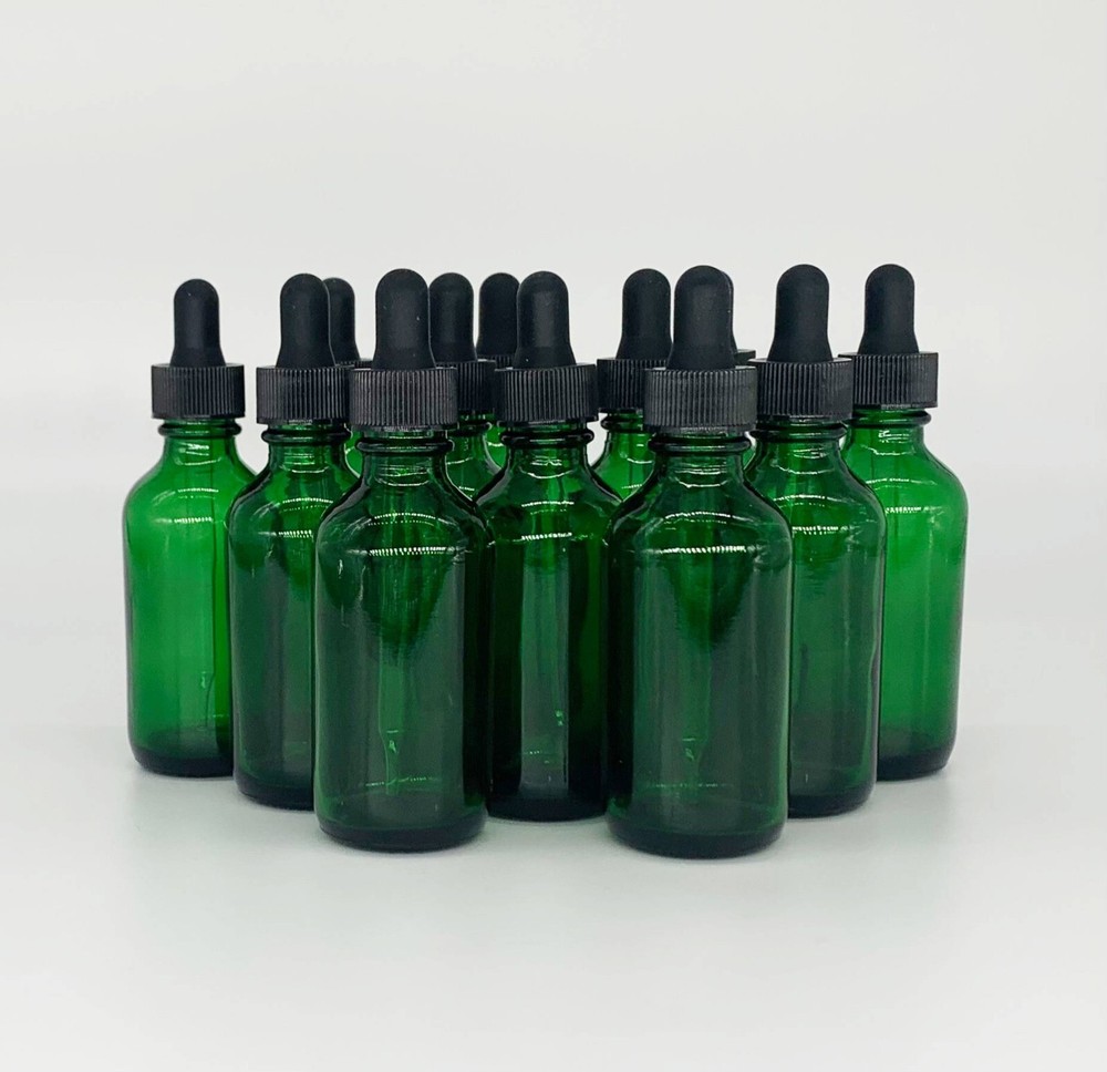 2 oz Green Boston Glass Bottles, with Glass Eye Droppers (12-PACK)
