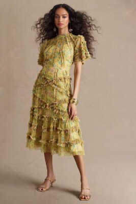 Mac Duggal Floral Flutter-Sleeve Mesh Print Tea-Length Dress Size 4 $550 |  eBay