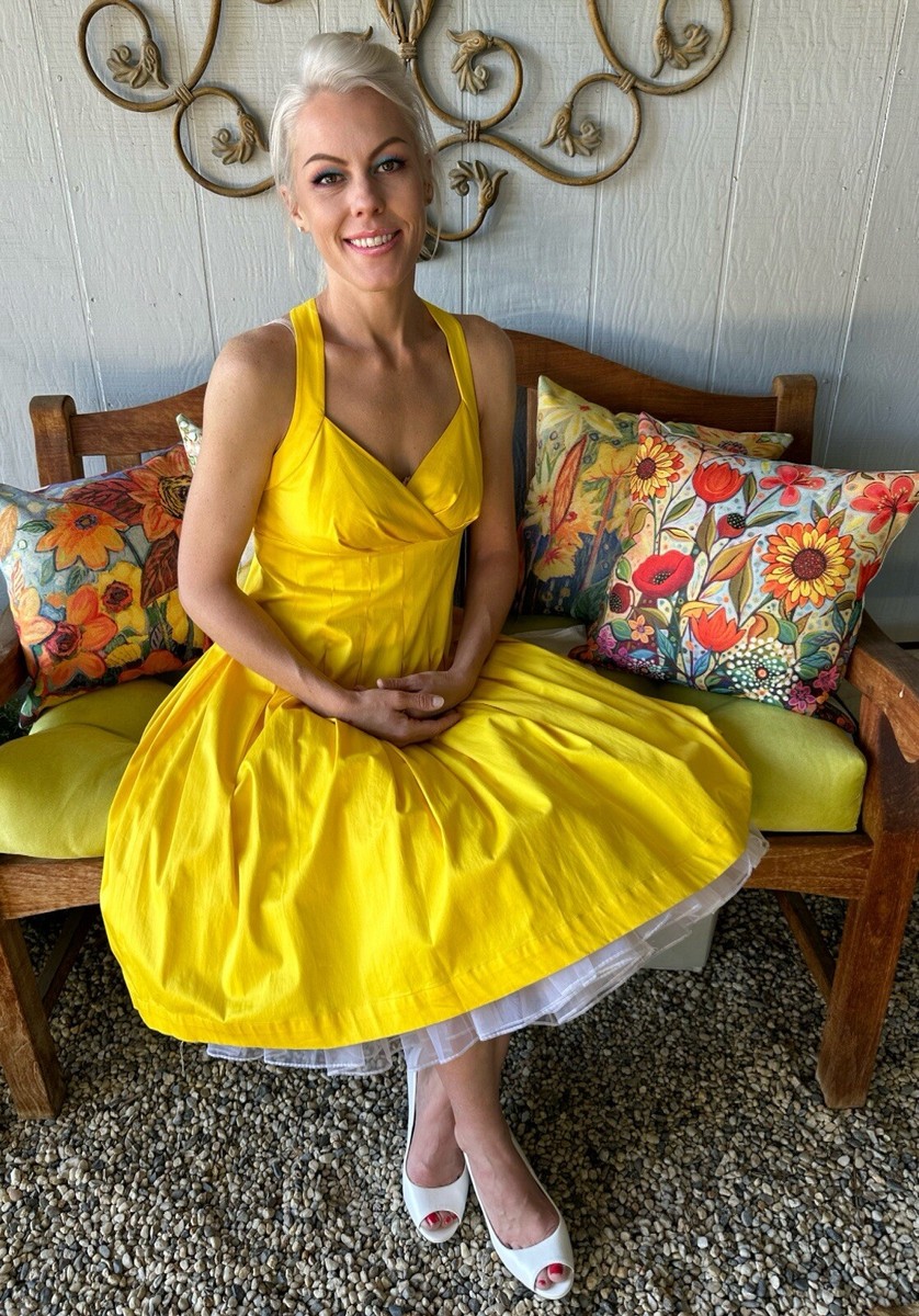 Calvin Klein Vintage Halter Dress 1990s Lemon Yellow Cotton Stretch Aline - S/4 Calvin Klein Vintage Halter Dress 1990s Lemon Yellow Cotton Stretch Aline - S/4