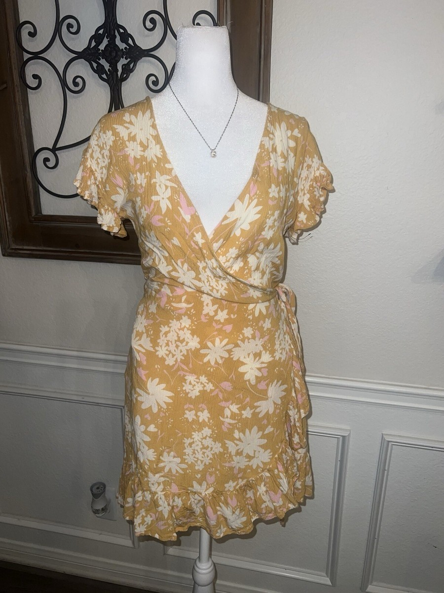 Billabong Floral Mini Wrap And Roll Dress Women's Sze S Bright Gold Rayon  Ruffle | eBay