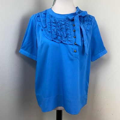 Tulip B Boutique Royal Blue Short Sleeve Ruffle Neck Tie Pussy Bow Blouse Large