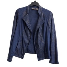 Chicos Navy Blue Faux Suede Animal Print Open Front Jacket Size 1 M Leopard