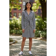 NWT Michael Kors Midnight Blue White Striped Tie Front Shirt Dress Size 0